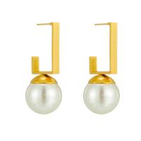 Titanium Steel  Earring, with Plastic Pearl, 18K gold plated, fashion jewelry & for woman, golden, 40mm, Sold By Pair