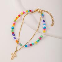 Stainless Steel Anklet 304 Stainless Steel with Seedbead Cross plated fashion jewelry & for woman nickel lead & cadmium free 75mm Sold By Pair