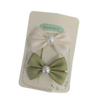Alligator Hair Clip, Polyester and Cotton, with Plastic Pearl & Iron, Bowknot, 2 pieces & for children, mixed colors, 50mm, Sold By Set