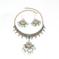 Cink ötvözet Jewelry Set, fülbevaló & nyaklánc, -val türkiz & Műanyag Pearl, galvanizált, 2 darab & Bohém stílus & különböző stílusokat a választás & a nő, Hossz Kb 14.6-18.9 inch, Által értékesített Set
