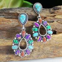 Tibetan Style Drop Earrings, with Gemstone, Teardrop, silver color plated, vintage & fashion jewelry & for woman & hollow, mixed colors, nickel, lead & cadmium free, 21x41mm, Sold By Pair