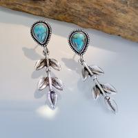 Zinc Alloy Drop Earrings with Turquoise Leaf silver color plated vintage & fashion jewelry & for woman blue nickel lead & cadmium free Sold By Pair