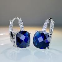 Laiton Leverback boucle d'oreille, avec zircon cubique, cadre, Placage de couleur argentée, bijoux de mode & pour femme, bleu, protéger l'environnement, sans nickel, plomb et cadmium, 11x20mm, Vendu par paire