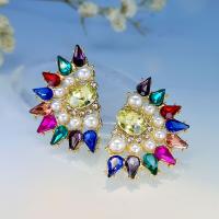 Tibetan Style Stud Earring, with Rhinestone & Plastic Pearl, gold color plated, vintage & fashion jewelry & for woman, mixed colors, nickel, lead & cadmium free, 19.50x31.50mm, Sold By Pair