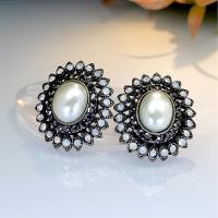 Tibetan Style Stud Earring, with Cubic Zirconia & Plastic Pearl, gun black plated, vintage & fashion jewelry & for woman, mixed colors, nickel, lead & cadmium free, 24x27mm, Sold By Pair