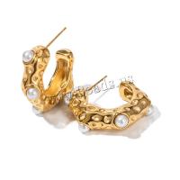 Boucle d'oreille de gaujon en acier inoxydable, Acier inoxydable 304, avec Shell Pearl, Plaqué or 18K, bijoux de mode & pour femme, doré, Vendu par paire