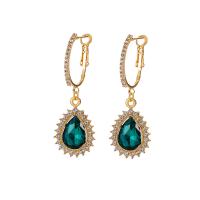 Tibetan Style Drop Earrings, with Emerald, KC gold color plated, fashion jewelry & for woman & with rhinestone, nickel, lead & cadmium free, 19x53mm, Sold By Pair