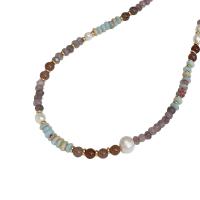 Natural Gemstone Necklace Natural Stone with Freshwater Pearl & Brass with 5CM extender chain handmade fashion jewelry & for woman multi-colored Length Approx 39 cm Sold By PC