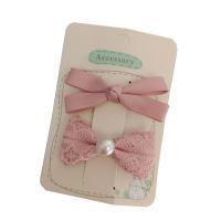 Alligator Hair Clip, Lace, with Polyester and Cotton & Plastic Pearl & Iron, Bowknot, 2 pieces & for children, pink, 50-60mm, Sold By Set