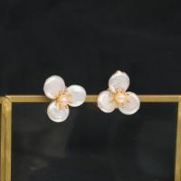 Freshwater Pearl Earrings with Brass petals 18K gold plated fashion jewelry & for woman white Sold By Pair