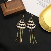 Fashion Fringe Earrings Freshwater Pearl with Brass 18K gold plated fashion jewelry & for woman & with rhinestone 100mm Sold By Pair