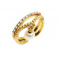 Tibetan Style Finger Ring, with Plastic Pearl, silver color plated, fashion jewelry & for woman & with rhinestone, golden, 17mm, Sold By PC