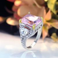 Tibetan Style Finger Ring, with Cubic Zirconia, Rectangle, platinum color plated, fashion jewelry & different size for choice & for woman, pink, nickel, lead & cadmium free, 11x13mm, Sold By PC