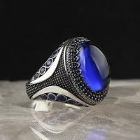 Zinc Alloy Finger Ring with Glass Oval antique silver color plated vintage & fashion jewelry & for man & with rhinestone blue nickel lead & cadmium free Sold By PC