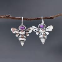 Zinc Alloy Drop Earrings with Glass Bee antique silver color plated vintage & DIY purple nickel lead & cadmium free Sold By Pair