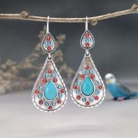 Tibetan Style Drop Earrings, with Turquoise, Teardrop, antique silver color plated, vintage & fashion jewelry & for woman, mixed colors, nickel, lead & cadmium free, 24x59mm, Sold By Pair