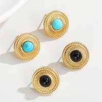Titanium Steel  Earring with Natural Stone plated fashion jewelry & for woman golden 15mm Sold By Pair