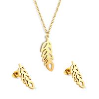 Fashion Stainless Steel Jewelry Sets Stud Earring & necklace 304 Stainless Steel with 1.97inch extender chain Leaf Vacuum Ion Plating 2 pieces & fashion jewelry & for woman golden 10.3*32.2mm 6.8*20mm Length Approx 17.52 Inch Sold By Pair