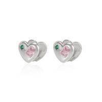 925 Sterling Silver Stud Earrings Heart plated micro pave cubic zirconia & for woman silver color Sold By Pair