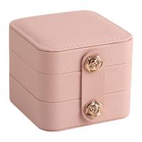 PU Multifunctionele Jewelry Box, met Katoenfluweel, Plein, drie lagen & Draagbare & Mini & Stofdicht, roze, 95x95x80mm, Verkocht door PC