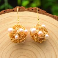 Freshwater Pearl Earrings, with Brass, gold color plated, fashion jewelry & for woman, 40mm, Sold By Pair