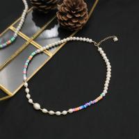 Natural Freshwater Pearl Necklace, with Polymer Clay & Lampwork & Brass & Acrylic, with 5cm extender chain, 18K gold plated, fashion jewelry & different styles for choice & for woman, Length:Approx 40 cm, Sold By PC