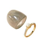 Tibetan Style Ring Set, with Plastic Pearl & Acrylic, gold color plated, 2 pieces & fashion jewelry & for woman & with rhinestone, two different colored, 17mm, Sold By Set