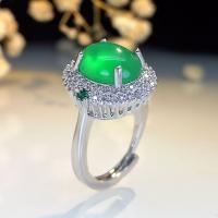 Cubic Zirconia Micro Pave Brass Ring, with Jade Malaysia, Oval, silver color plated, vintage & Adjustable & fashion jewelry & micro pave cubic zirconia & for woman, green, nickel, lead & cadmium free, 18x17mm, Inner Diameter:Approx 18mm, Sold By PC