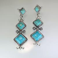 Tibetan Style Drop Earrings, with Turquoise, Rhombus, antique silver color plated, vintage & fashion jewelry & for woman, blue, nickel, lead & cadmium free, 15x48mm, Sold By Pair