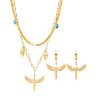 Jewelry Sets Titanium Steel with turquoise with 1.97inch extender chain Angel Wing plated Double Layer & for woman & with rhinestone golden 38*25mm 25*23mm Length Approx 15.75 Inch Approx 17.72 Inch Sold By PC