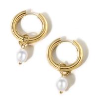 Titanium Steel  Earring with Freshwater Pearl plated fashion jewelry & for woman golden 22mm 10mm Sold By Pair