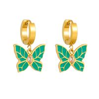Titanium Steel  Earring Butterfly plated for woman & enamel & with rhinestone green Sold By Pair