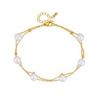 Fashion Jewelry Anklet, Titanium Steel, with Plastic Pearl, with 1.57inch extender chain, plated, Double Layer & for woman, golden, Sold Per Approx 7.87 Inch Strand