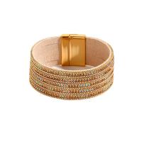 PU Leather Cord Bracelets, with Magnet, plated, fashion jewelry & Unisex & with rhinestone, golden, 27mm, Length:Approx 7.67 Inch, Sold By PC