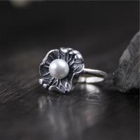 Brass Finger Ring with Plastic Pearl Lotus Leaf plated fashion jewelry & for woman silver color Sold By PC