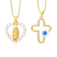Collier Evil Eye bijoux, laiton, avec perle de plastique, avec 5CM chaînes de rallonge, Plaqué d'or, styles différents pour le choix & pavé de micro zircon & pour femme & émail, doré, Longueur:Environ 43 cm, Vendu par PC