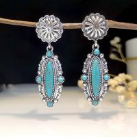 Tibetan Style Drop Earrings, with Turquoise, antique silver color plated, vintage & fashion jewelry & for woman, blue, nickel, lead & cadmium free, 17.50x55mm, Sold By Pair