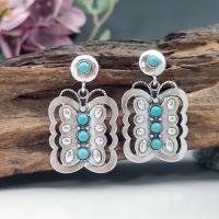 Tibetan Style Drop Earrings, with Turquoise, Butterfly, antique silver color plated, vintage & fashion jewelry & for woman & hollow, blue, nickel, lead & cadmium free, 27x45mm, Sold By Pair