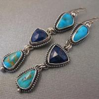 Tibetan Style Drop Earrings, with Lapis Lazuli & Turquoise, antique silver color plated, vintage & fashion jewelry & for woman, blue, nickel, lead & cadmium free, 13x57mm, Sold By Pair