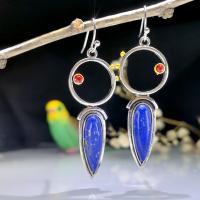 Tibetan Style Drop Earrings, with Lapis Lazuli, antique silver color plated, vintage & fashion jewelry & for woman & with rhinestone & hollow, blue, nickel, lead & cadmium free, 20x53mm, Sold By Pair