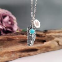 Zinc Alloy Jewelry Necklace with Turquoise & Plastic Pearl with 5cm extender chain Feather antique silver color plated vintage & fashion jewelry & for woman mixed colors nickel lead & cadmium free Length Approx 45 cm Sold By PC