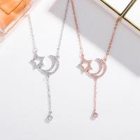 925 Sterling Silver Necklaces, with 1.97inch extender chain, Moon and Star, plated, fashion jewelry & for woman & with rhinestone, more colors for choice, nickel, lead & cadmium free, Length:Approx 15.74 Inch, Sold By PC