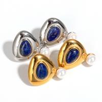 Boucle d'oreille de gaujon en acier inoxydable, Acier inoxydable 304, avec Lapis lazuli & Shell Pearl, bijoux de mode & pour femme, plus de couleurs à choisir, 17.80x21.40mm, Vendu par paire