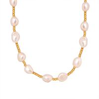 Titanium Steel Necklace, with Freshwater Pearl, with 3.15inch extender chain, 18K gold plated, fashion jewelry & for woman, golden, Length:Approx 14.96 Inch, Sold By PC