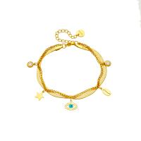 Bracelet Evil Eye bijoux, Acier titane, avec 2.36inch chaînes de rallonge, Placage, Double couche & pour femme & avec strass, doré, 10x7mm, Vendu par Environ 6.89 pouce brin