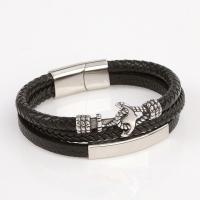 Bracelets cordon PU, cuir PU, Acier inoxydable 304 fermoir magnétique, ancre, Vintage & pour homme, noire, Longueur:21.5 cm, Vendu par PC