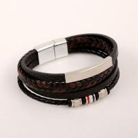 PU Leather Cord Bracelets, with 304 Stainless Steel & Tibetan Style, vintage & for man, black, Length:21 cm, Sold By PC
