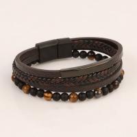 PU Leather Cord Bracelets, with Natural Stone & 304 Stainless Steel & Tibetan Style, plumbum black color plated, vintage & different length for choice & for man, more colors for choice, Sold By PC