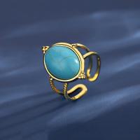 Пальцевидное Кольцо Титановой Стали, титан, с бирюза, ювелирные изделия моды & Женский, Золотой, не содержит никель, свинец, 21.5x15.5mm, продается PC