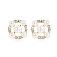 925 Sterling Silver Stud Earrings with Plastic Pearl plated micro pave rhinestone & for woman 10mm Sold By Pair